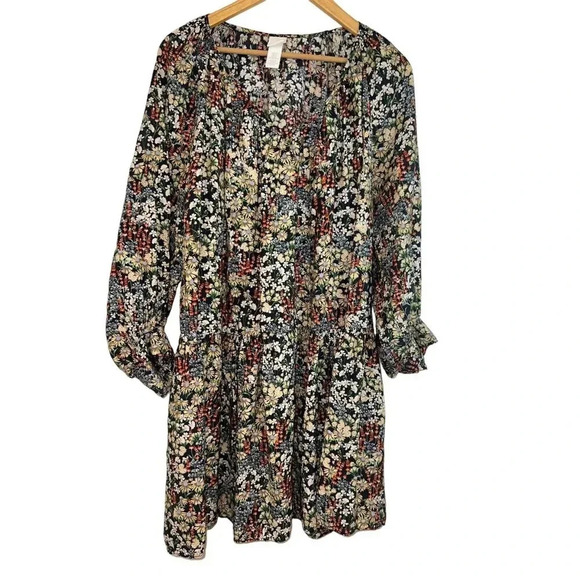 H&M Dress Black Floral Print Cottage Core boho peasant long sleeve size Small - Picture 1 of 5